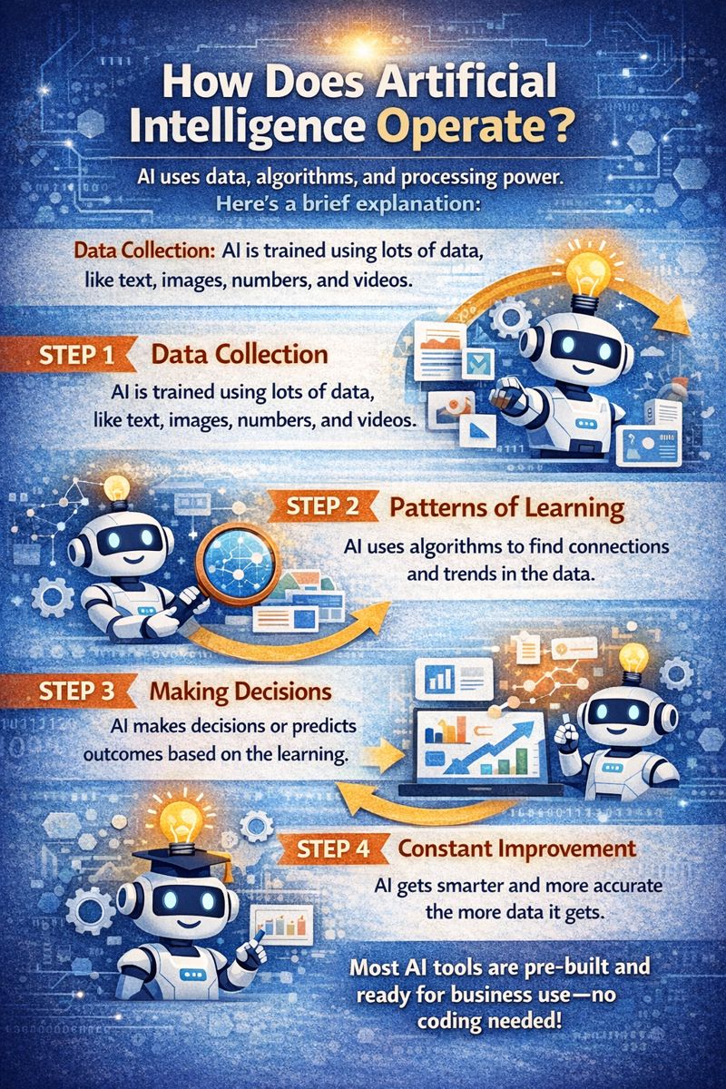 Infographic showing how artificial intelligence operates through data collection, pattern learning, decision making, and constant improvement.