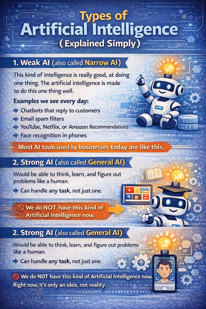 Infographic showing types of artificial intelligence, comparing Weak AI used in chatbots and recommendations with future Strong AI.