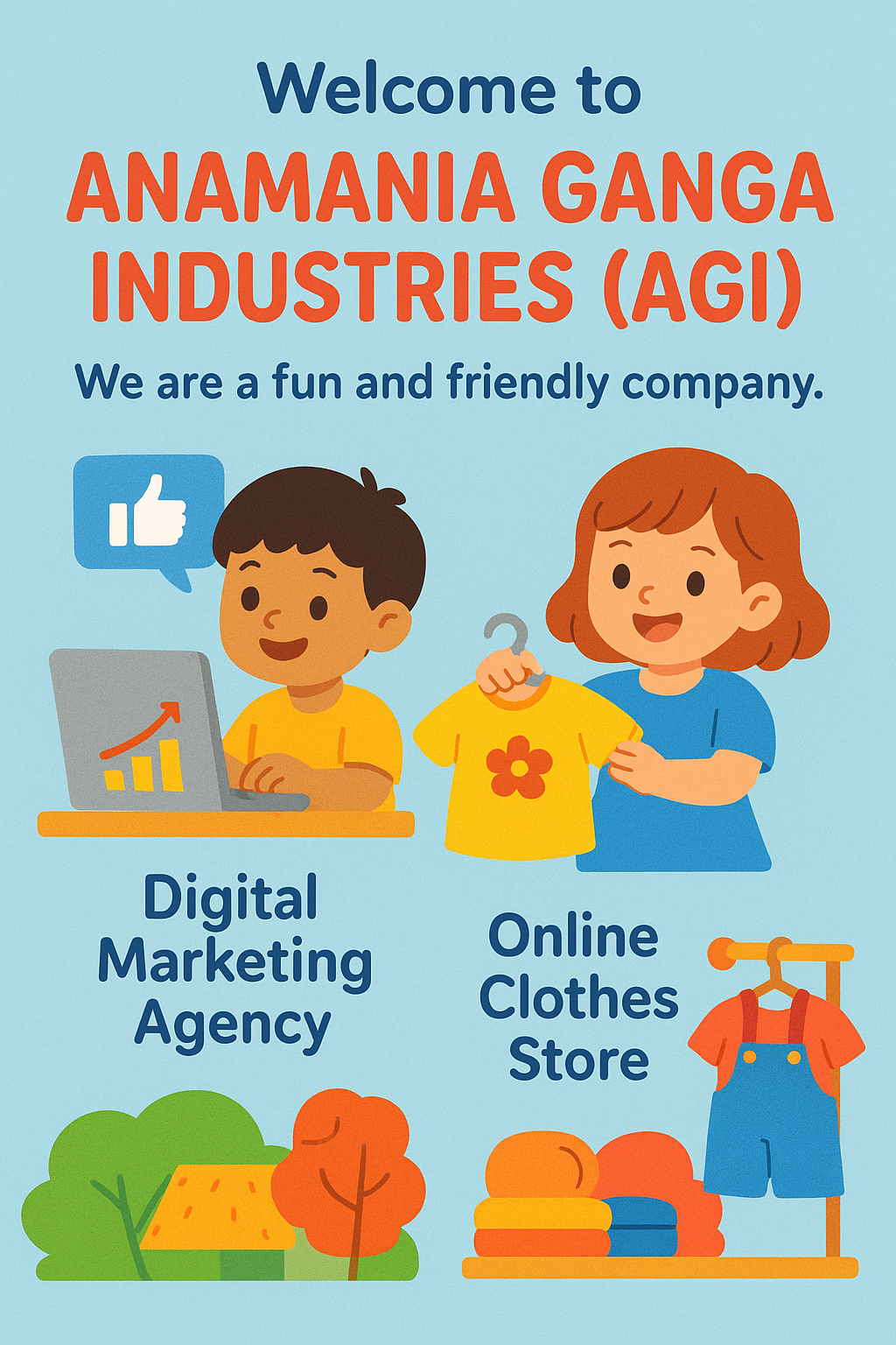 Illustrated welcome banner for Anamania Ganga Industries (AGI) showing a friendly digital marketing agency and online clothing store, with cartoon characters working on a laptop, holding a T-shirt, and colorful clothing displayed on racks and shelves.