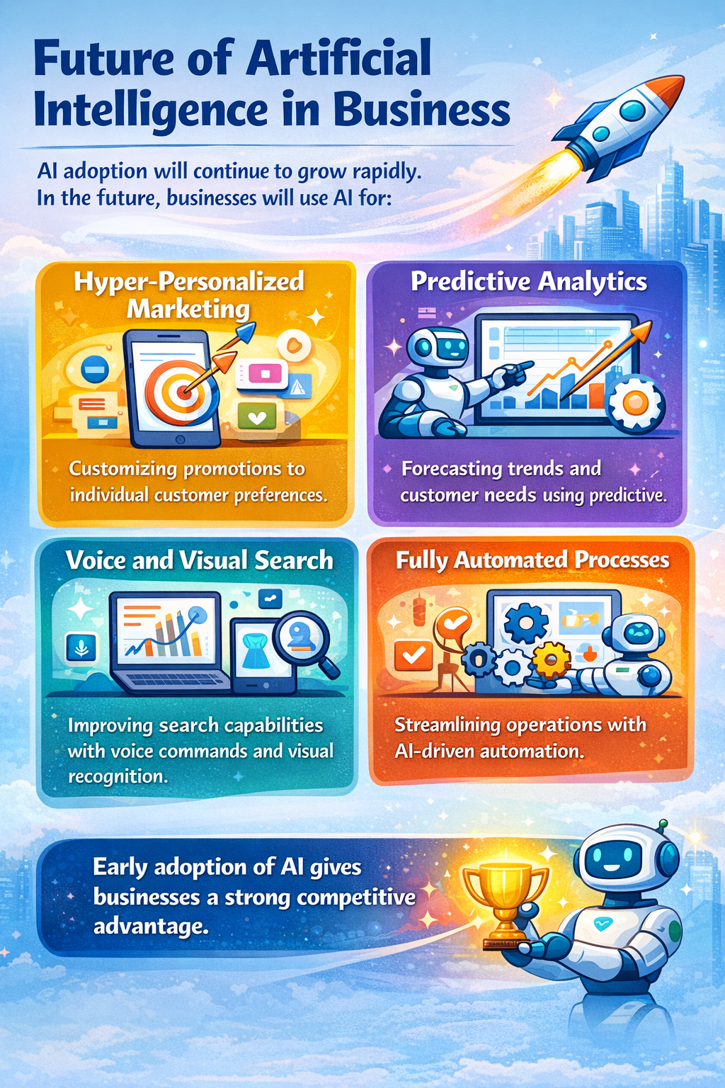 Future of artificial intelligence in business infographic showing hyper-personalized marketing, predictive analytics, voice and visual search, and fully automated business processes with AI technology.