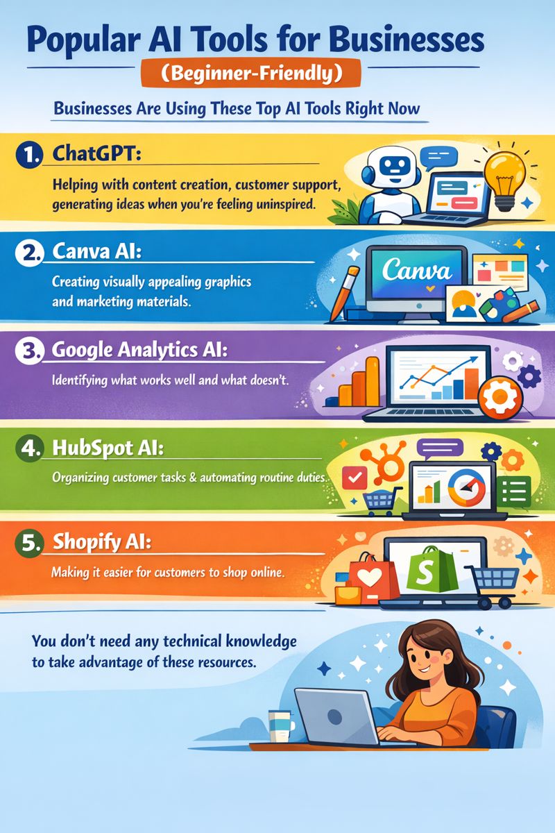 Popular AI tools for businesses infographic showing ChatGPT, Canva AI, Google Analytics AI, HubSpot AI, and Shopify AI helping beginners with content creation, marketing, analytics, customer management, and e-commerce.