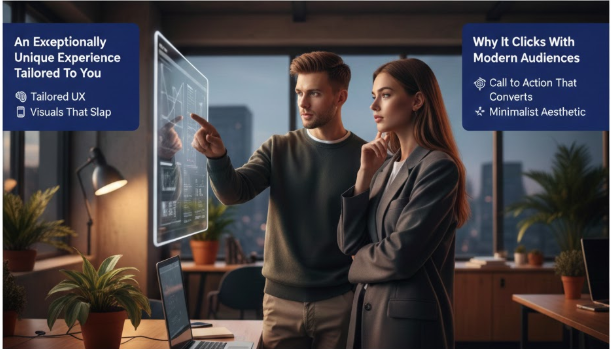 Two young, professional collaborators in a sleek, dark bluish office, interacting with a futuristic, transparent purple-hued holographic screen displaying data/charts. Represents custom digital experience, tailored UX, and minimalist aesthetic for modern audiences (Gen Z/Gen Alpha). to plan an about next how online marketing works for clients