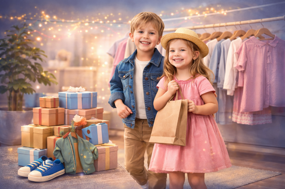 Happy children wearing stylish and comfortable kids’ clothing in a boutique setting, representing premium quality, soft fabrics, and joyful everyday wear.