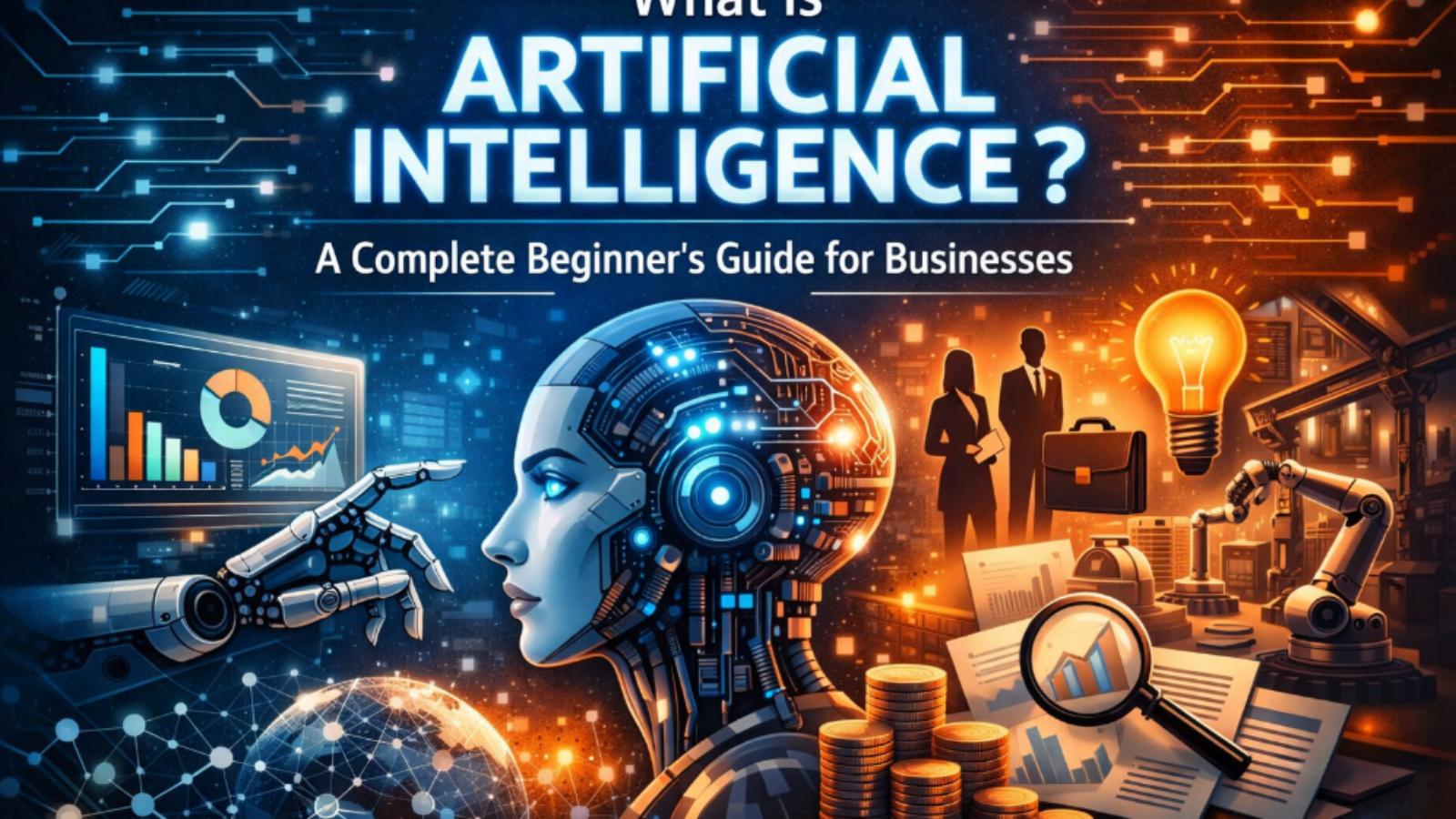 Futuristic illustration representing artificial intelligence in business, showing a humanoid AI robot, data analytics charts, automation, global networks, and modern business decision-making concepts.