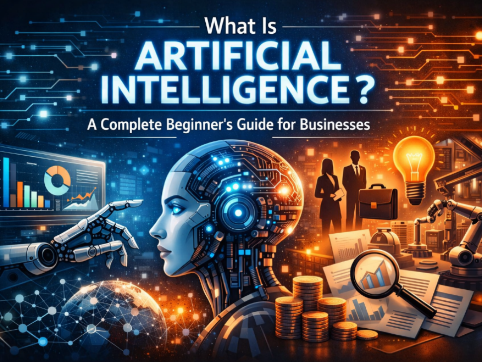 Futuristic illustration representing artificial intelligence in business, showing a humanoid AI robot, data analytics charts, automation, global networks, and modern business decision-making concepts.