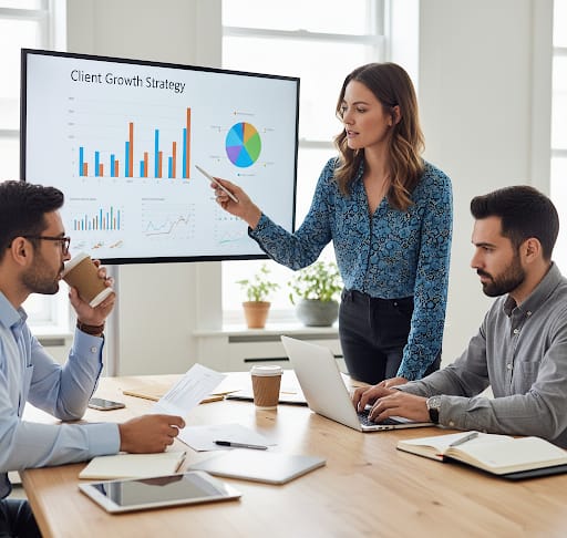 Digital marketing team discussing SEO, website design, and brand vision strategies during a marketing planning meeting.