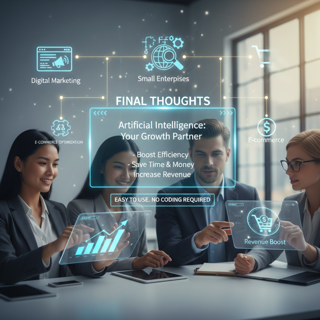 Four professionals in a modern office setting interacting with holographic business displays. The central text reads "Artificial Intelligence: Your Growth Partner," highlighting benefits like boosting efficiency and increasing revenue for small enterprises, digital marketing, and e-commerce.