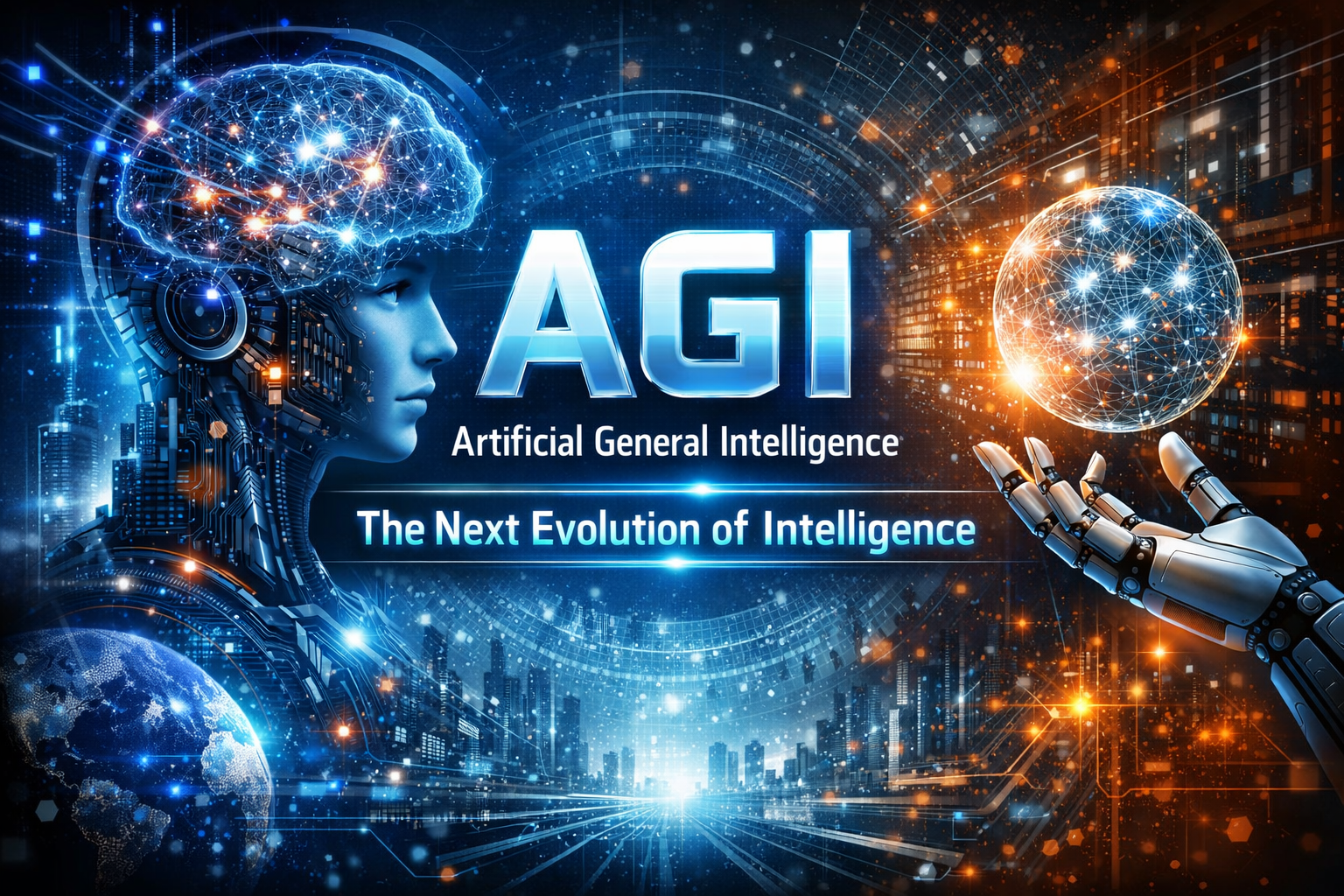 Futuristic digital illustration of a humanoid robot featuring the text 'AGI: Artificial General Intelligence, The Next Evolution of Intelligence.