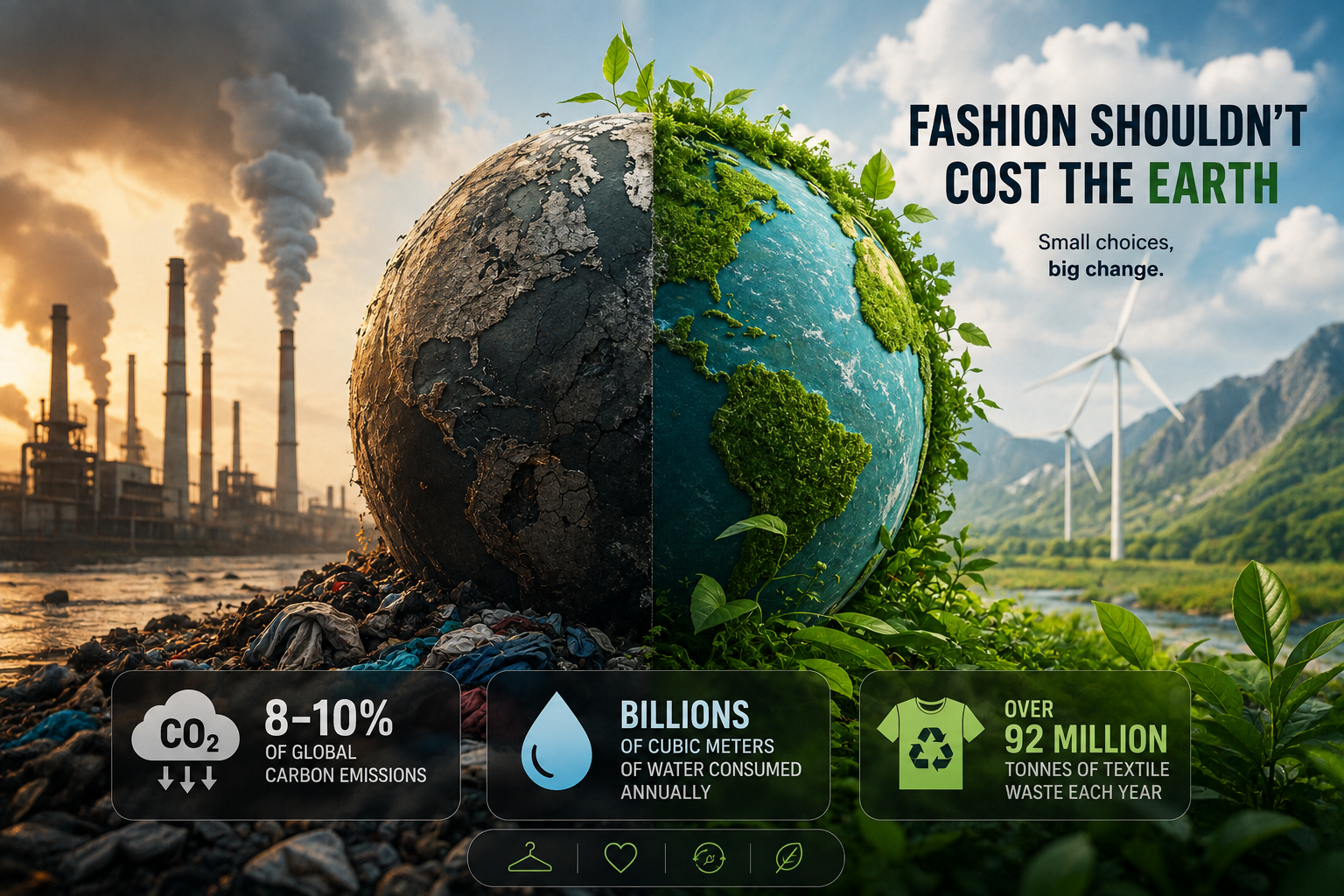 Fashion industry environmental impact infographic showing a polluted Earth transitioning into a green, sustainable Earth, with visuals representing carbon emissions, water consumption, and textile waste.