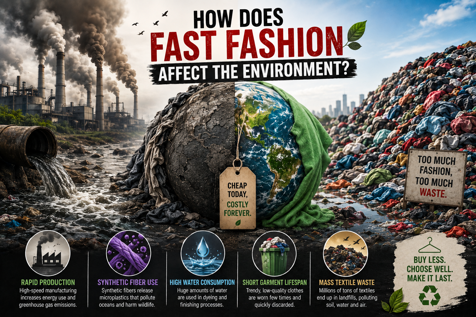 Fast fashion environmental impact infographic showing polluted factories, wastewater, textile landfill, synthetic fibers, high water consumption, short garment lifespans, and mass textile waste.