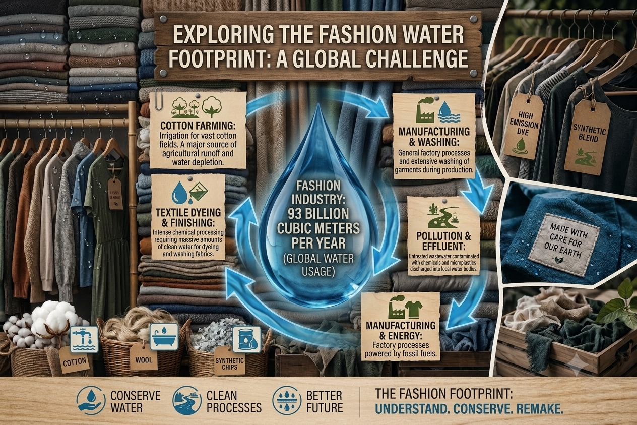 A complex infographic illustrating the fashion industry's water footprint. It features a central water droplet with text about 93 billion cubic meters of water usage, surrounded by circular arrows and textured text cards. The background consists of folded and hanging clothes, raw materials, and factory process explanations.