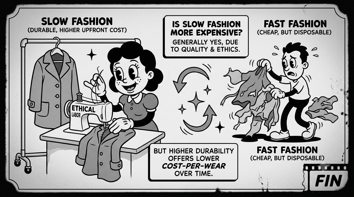 A retro 1930s rubber-hose style monochrome illustration comparing slow fashion and fast fashion. On the left, a smiling woman carefully sews a durable coat using an ethical labor sewing machine. On the right, a stressed man holds tearing, disposable clothes. Text boxes in the center explain that slow fashion has a higher upfront cost due to quality and ethics, but offers lower cost-per-wear over time due to durability.