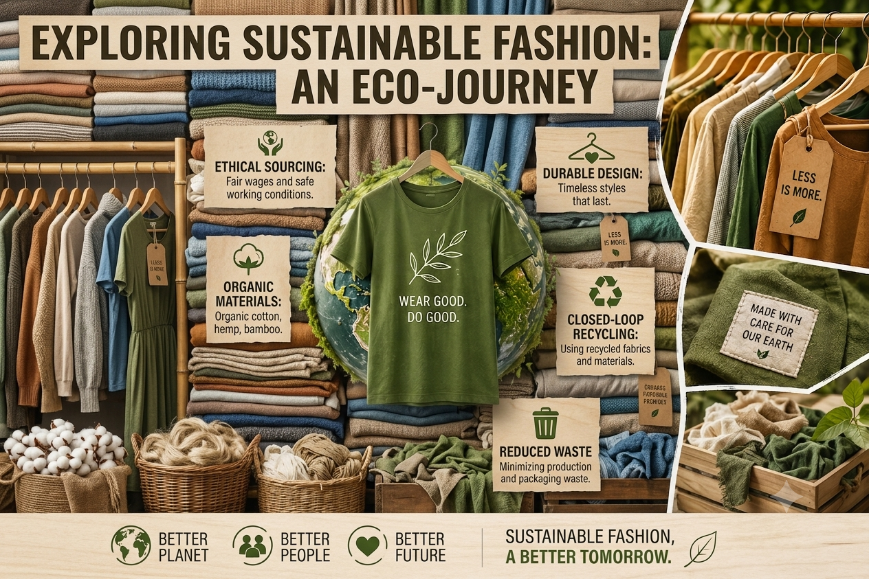 A detailed sustainable fashion infographic showing organic cotton clothing, eco-friendly textile manufacturing, recycling processes, and ethical sourcing practices.