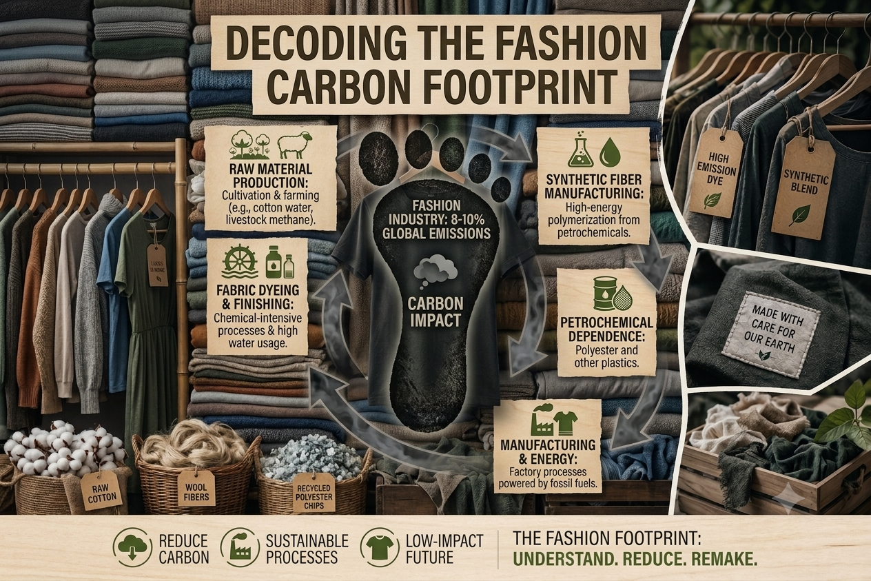 Infographic diagram detailing the fashion industry's carbon footprint, showing 8-10% global emissions. Includes sections on Raw Material Production, Fabric Dyeing, Synthetic Fiber Manufacturing, Petrochemical Dependence, and Manufacturing Energy. Surrounded by visuals of textile stacks, raw cotton, wool, and recycled chips.