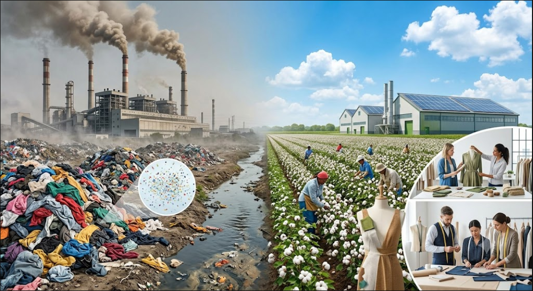 Split-screen visual of fast fashion pollution versus sustainable textile manufacturing and circular design