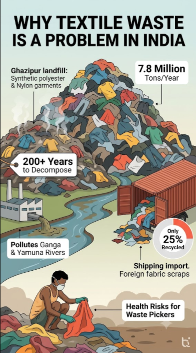Infographic showing why textile waste is a problem in India including 7.8 million tons waste, landfill pollution, and 25% recycling rate
