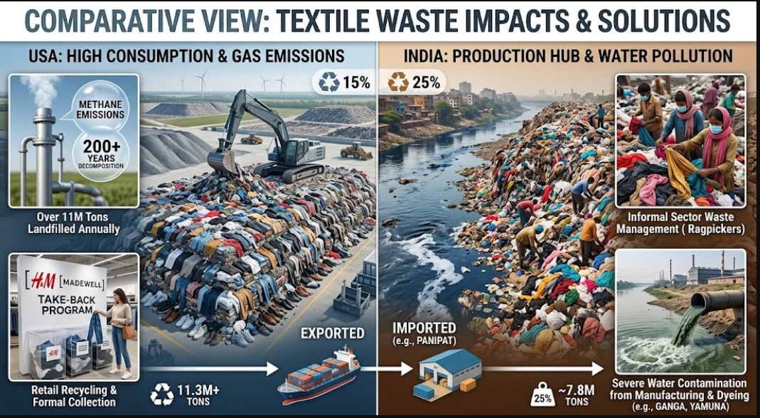 A split-screen infographic comparing the textile waste crisis in the USA and India. The left side highlights high consumer waste, landfill accumulation, and methane emissions in the US. The right side shows mass production, river water pollution, and informal waste sorting in India.