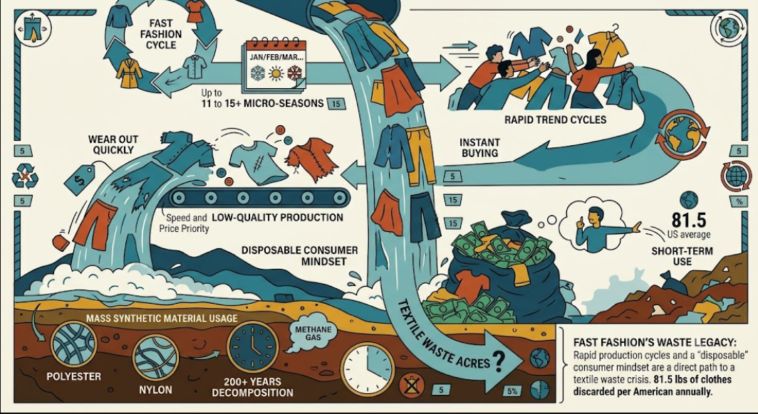 An illustrative diagram explaining how fast fashion creates textile waste through rapid trend cycles, low-quality production, a disposable consumer mindset, and mass synthetic material usage leading to environmental damage.
