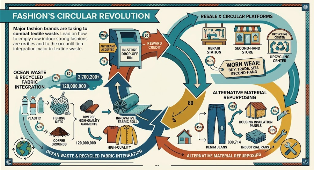 An infographic titled 'Fashion's Circular Revolution' showing four main strategies used by fashion brands to fight textile waste, including in-store drop-off bins, resale platforms like Worn Wear, alternative material repurposing of denim, and recycled fabrics made from ocean plastic and coffee grounds.