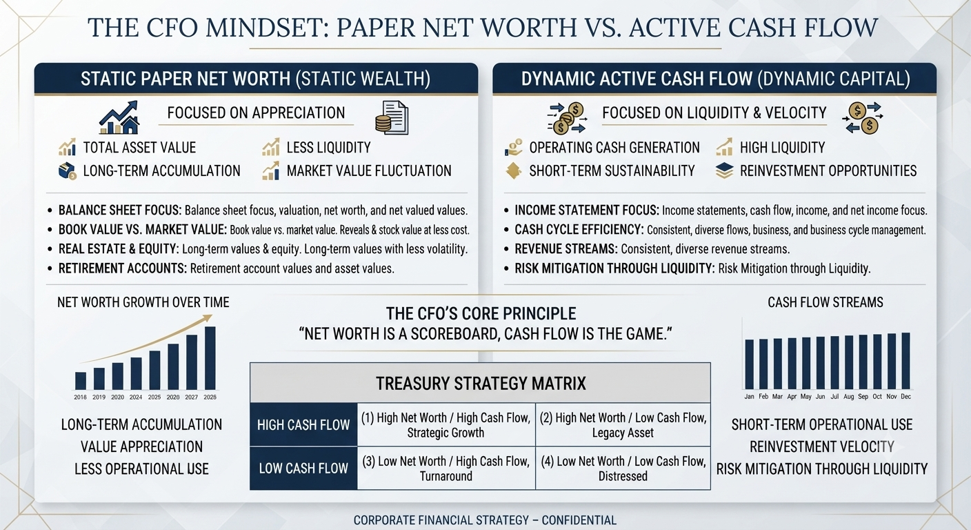 Executive infographic titled 'The CFO Mindset: Paper Net Worth vs. Active Cash Flow,' comparing static wealth accumulation with dynamic capital management through charts, definitions, and a strategic matrix.