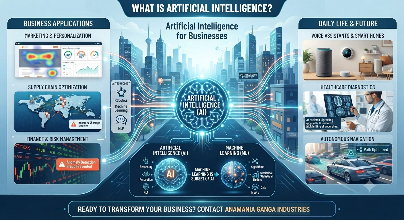What is artificial intelligence infographic showing business applications, types of AI, machine learning vs AI, and daily life examples by Anamania Ganga Industries